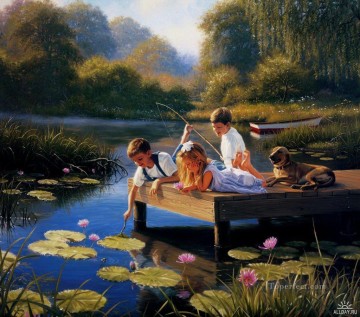 Para niños Painting - Los niños juegan en el estanque de nenúfares.